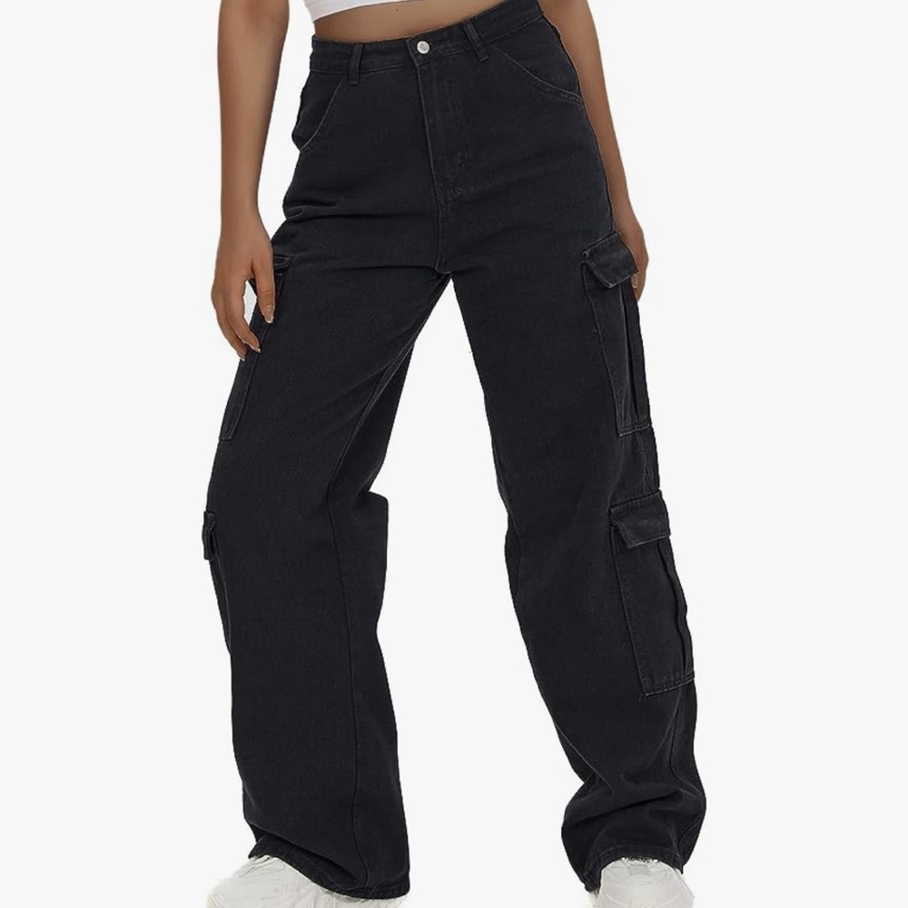 Flvsun High Waisted Cargo Baggy Jeans Flap Pocket Denim Pant wide leg black